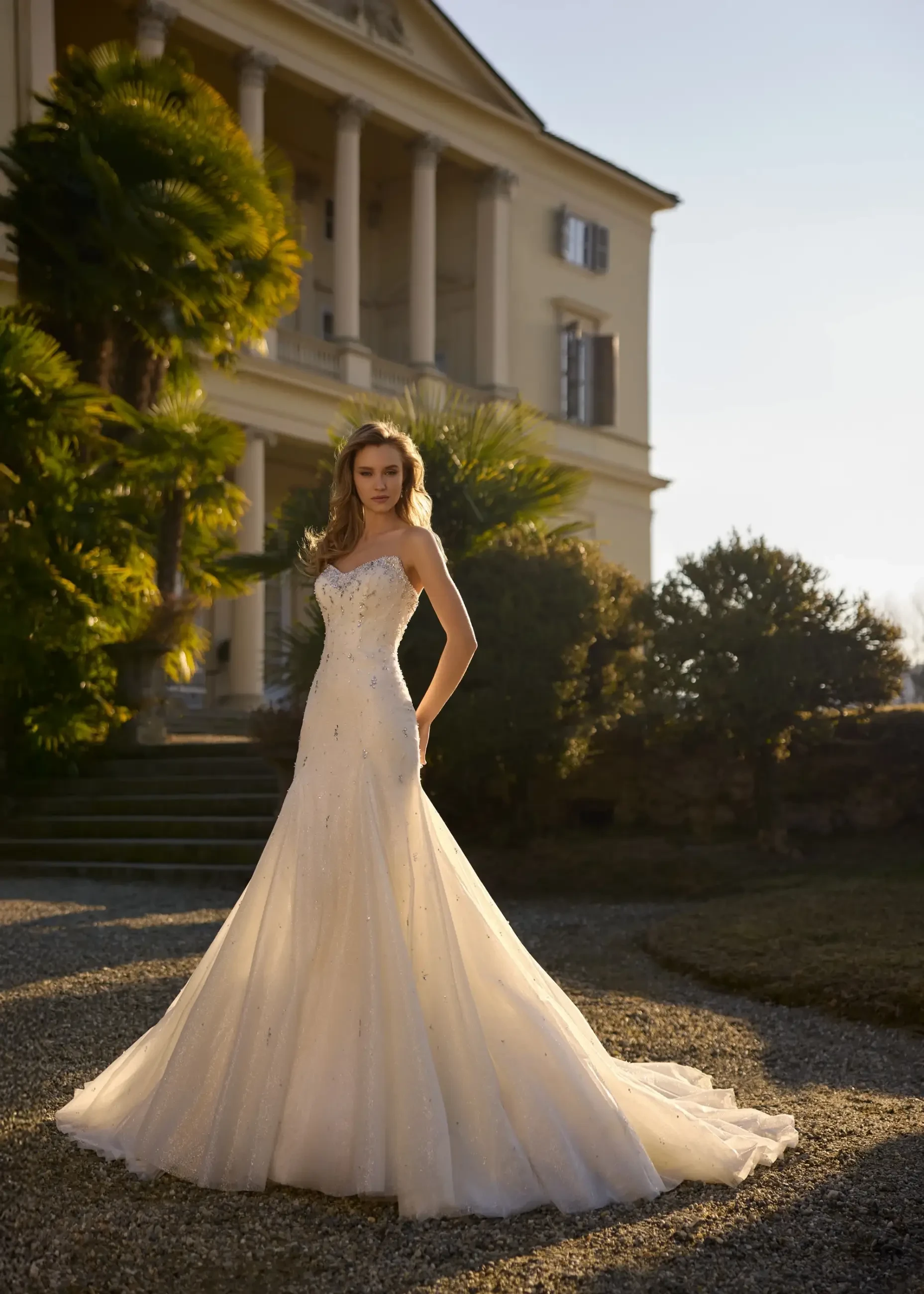 model wears a mermaid strapless wedding gown
