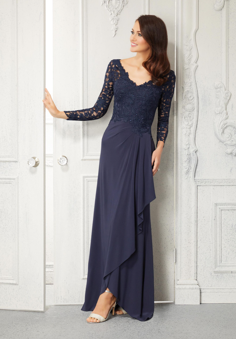 Sheath Beaded Lace and Jersey Evening Gown
